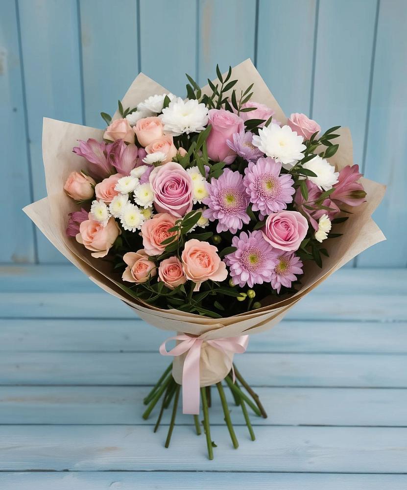 Букет цветов из: Хризантемы, Розы и Альстромерии в Старобачатах
