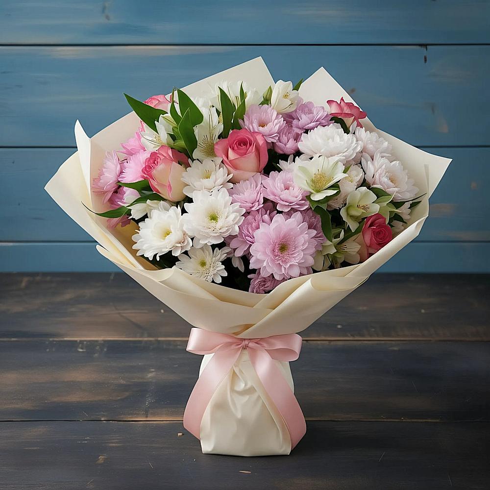 Букет цветов из: Хризантемы, Альстромерии и Розы в Старобачатах